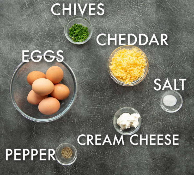 cheesy scrambled eggs ingredients with text labels