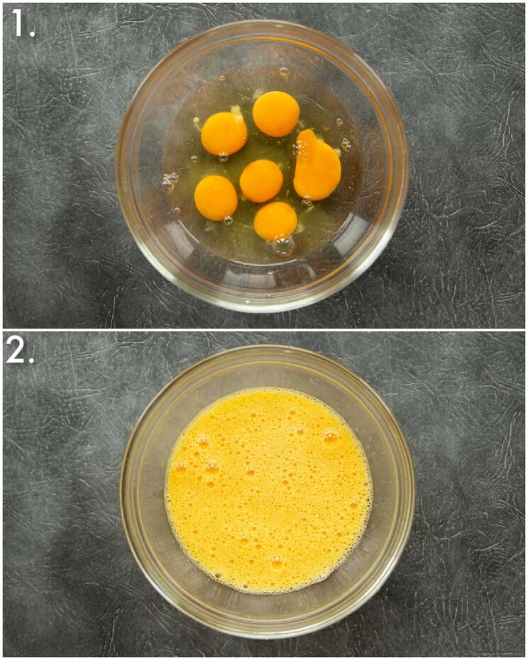 2 step by step photos showing how to beat eggs