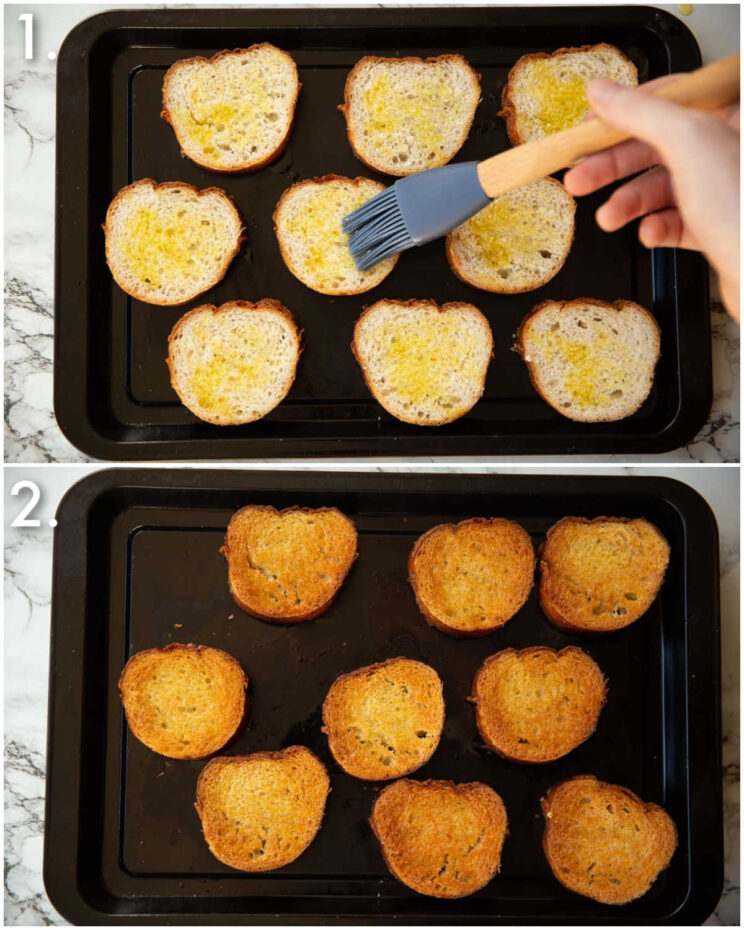 2 step by step photos showing how to toast bread under the grill