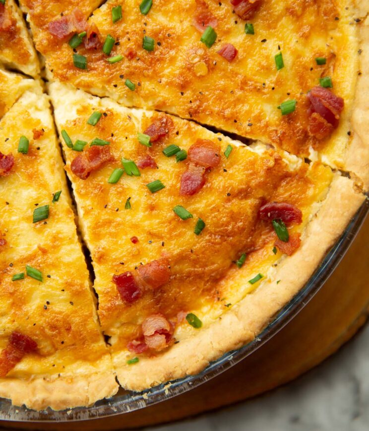 close up overhead shot of quiche in dish