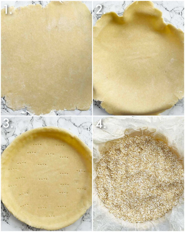 4 step by step photos showing how to bake quiche crust