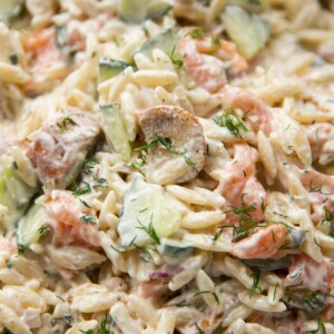 close up shot of salmon pasta salad garnished with dill