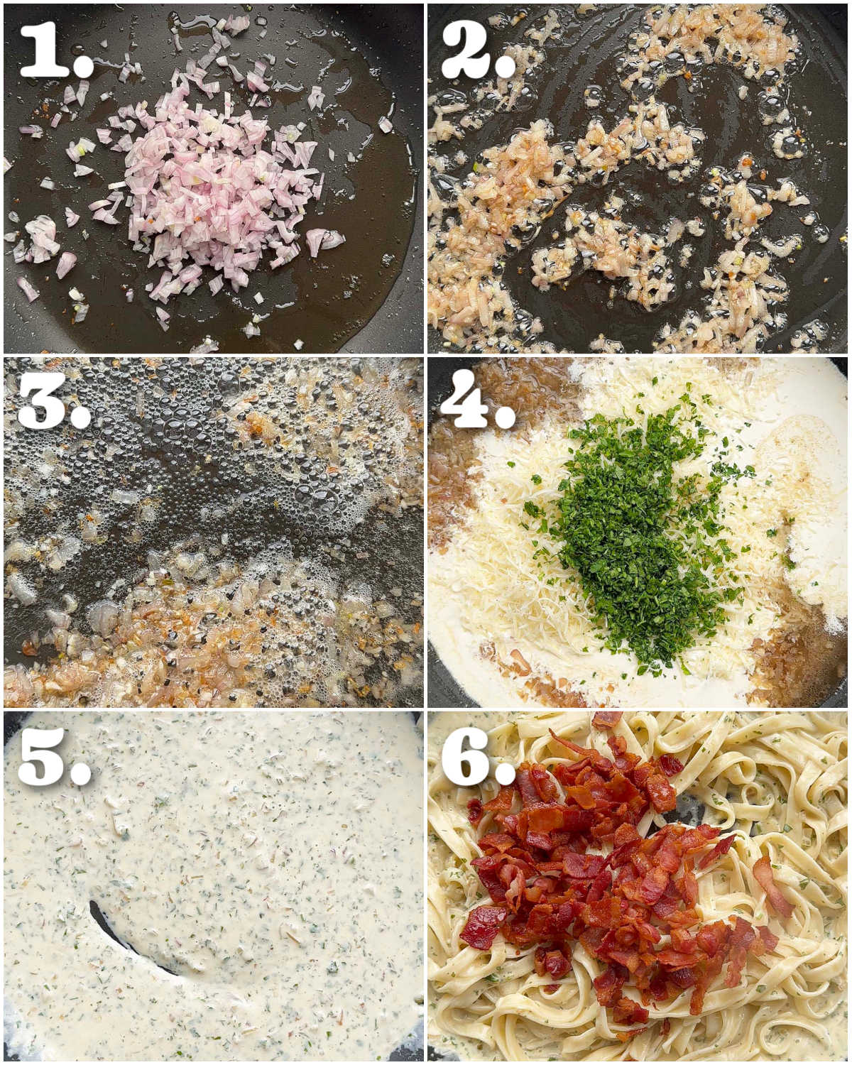 6 step by step photos showing how to make creamy bacon pasta