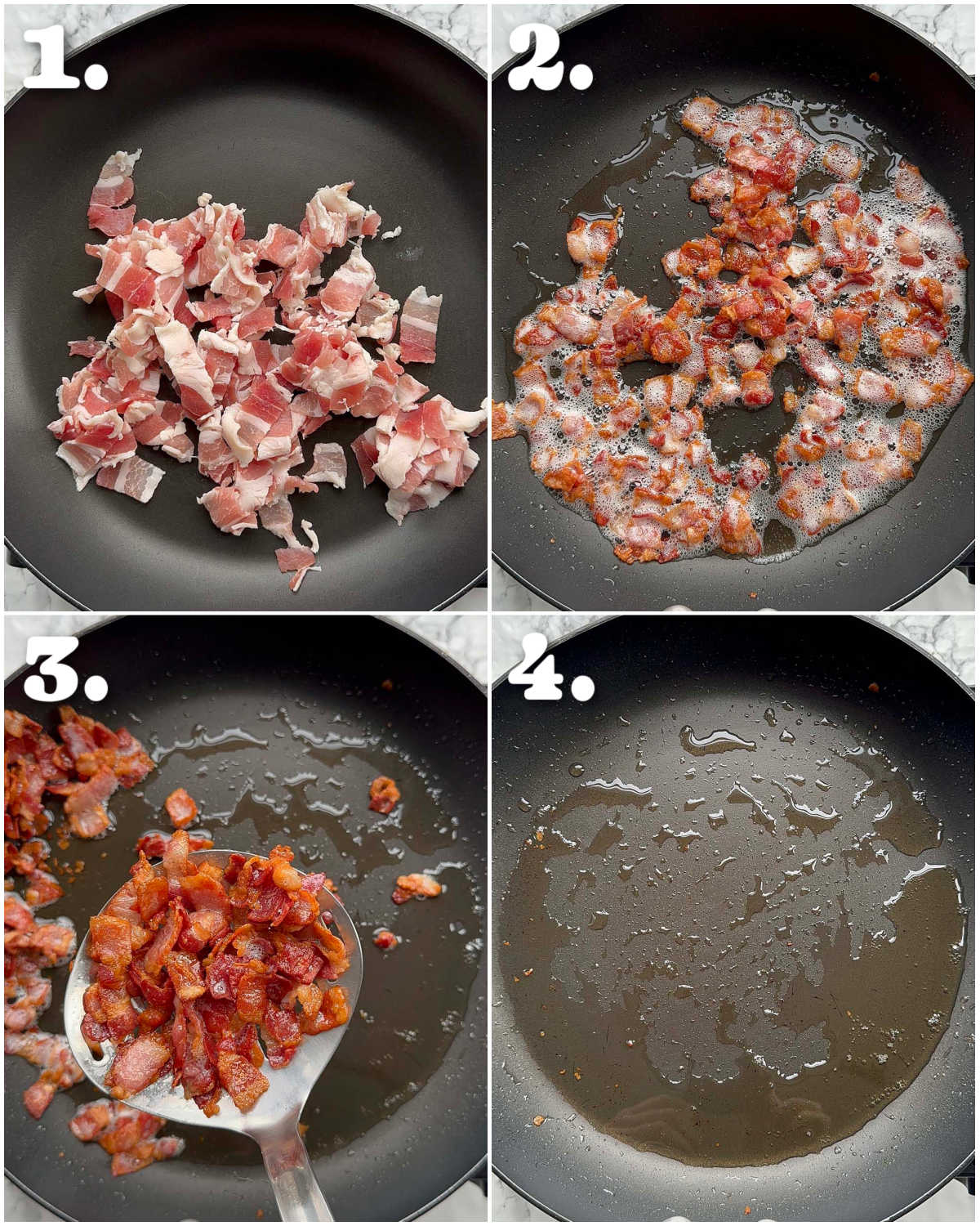 4 step by step photos showing how to make crispy bacon