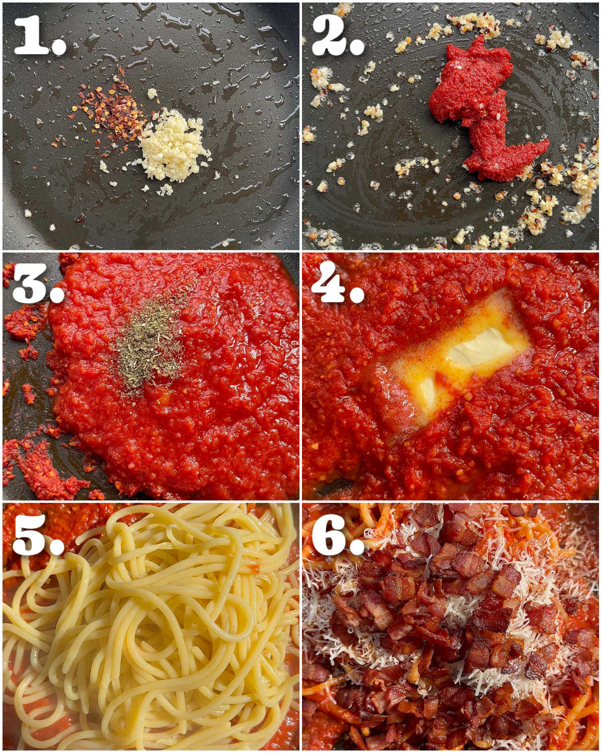6 step by step photos showing how to make tomato bacon pasta