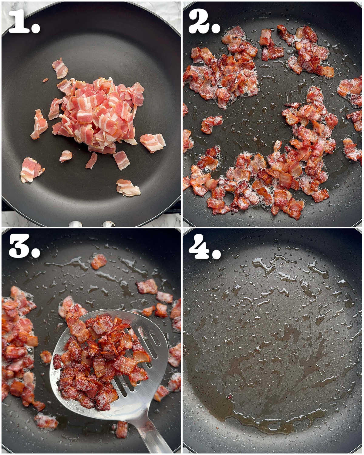4 step by step photos showing how to pan fry bacon