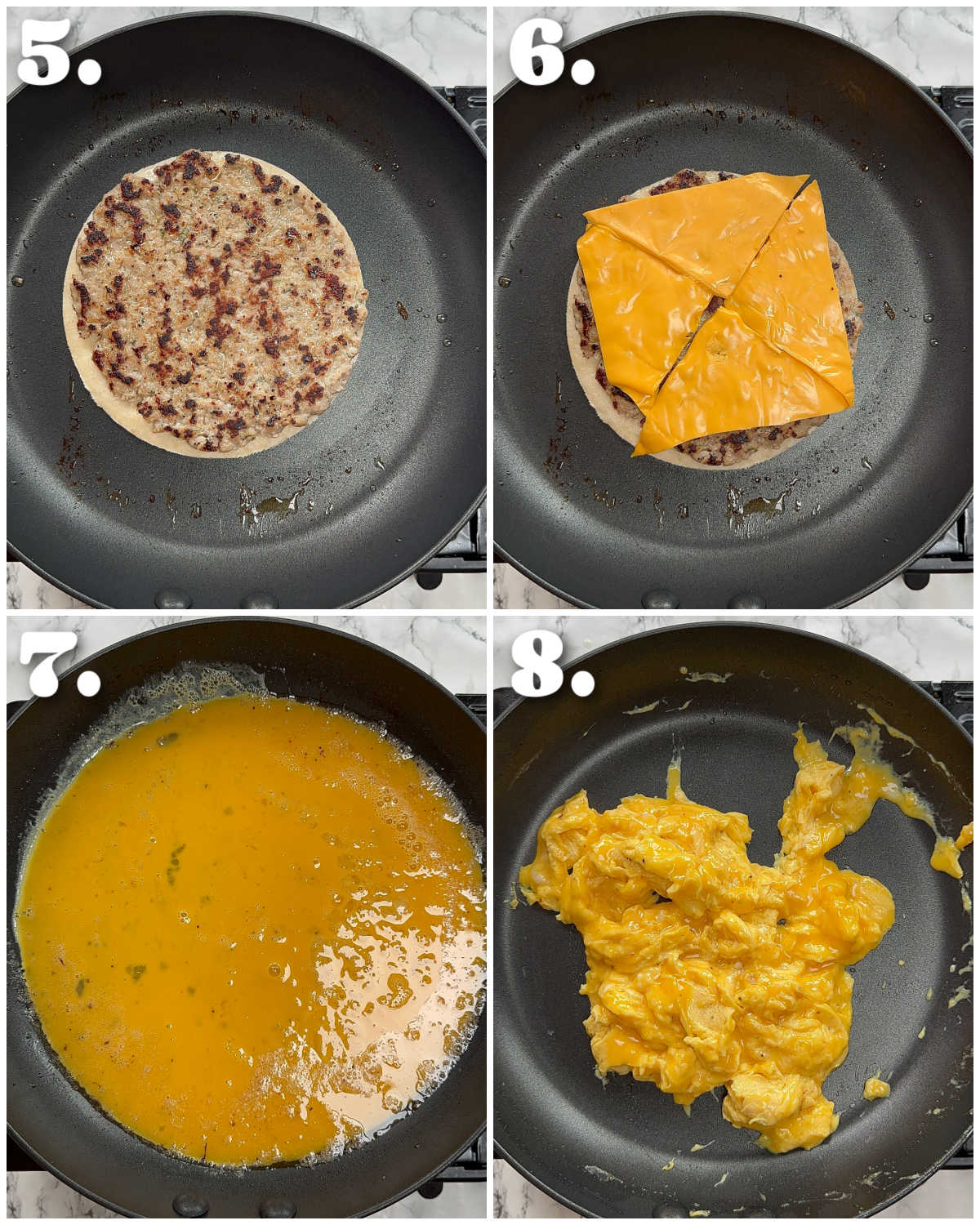 4 step by step photos showing how to make breakfast crunchwraps