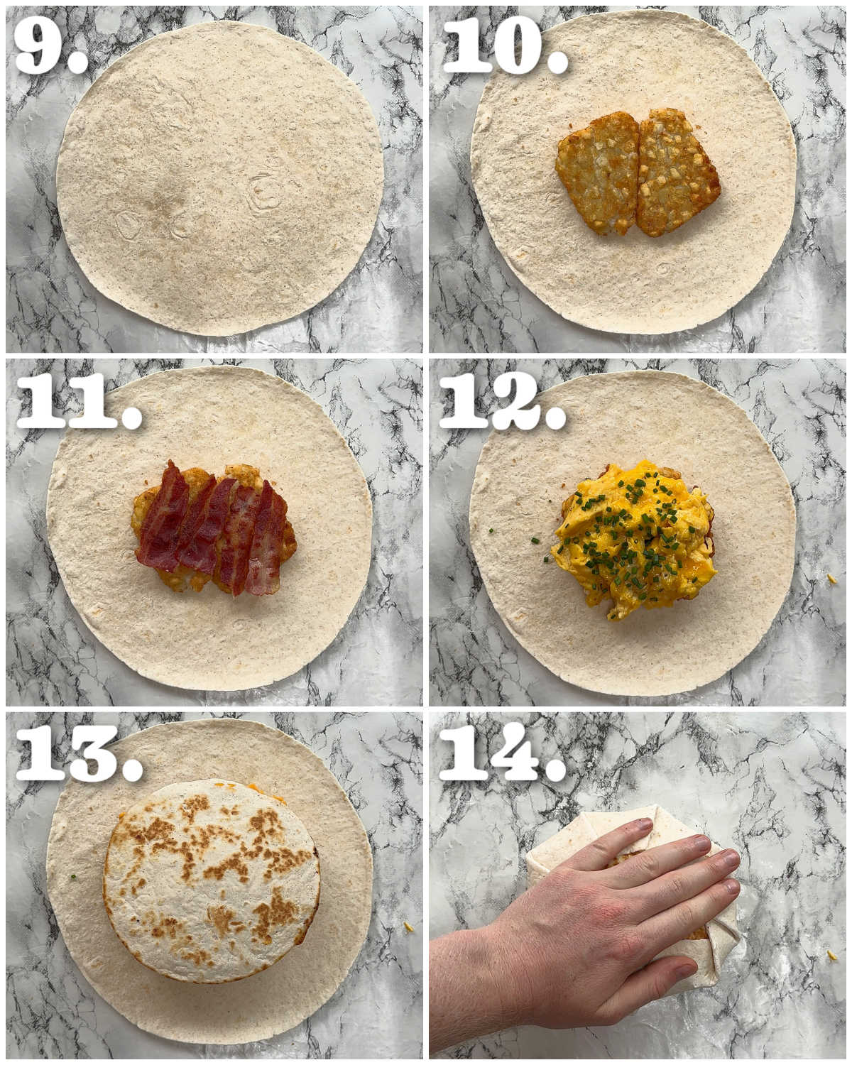 6 step by step photos showing how to make breakfast crunchwraps
