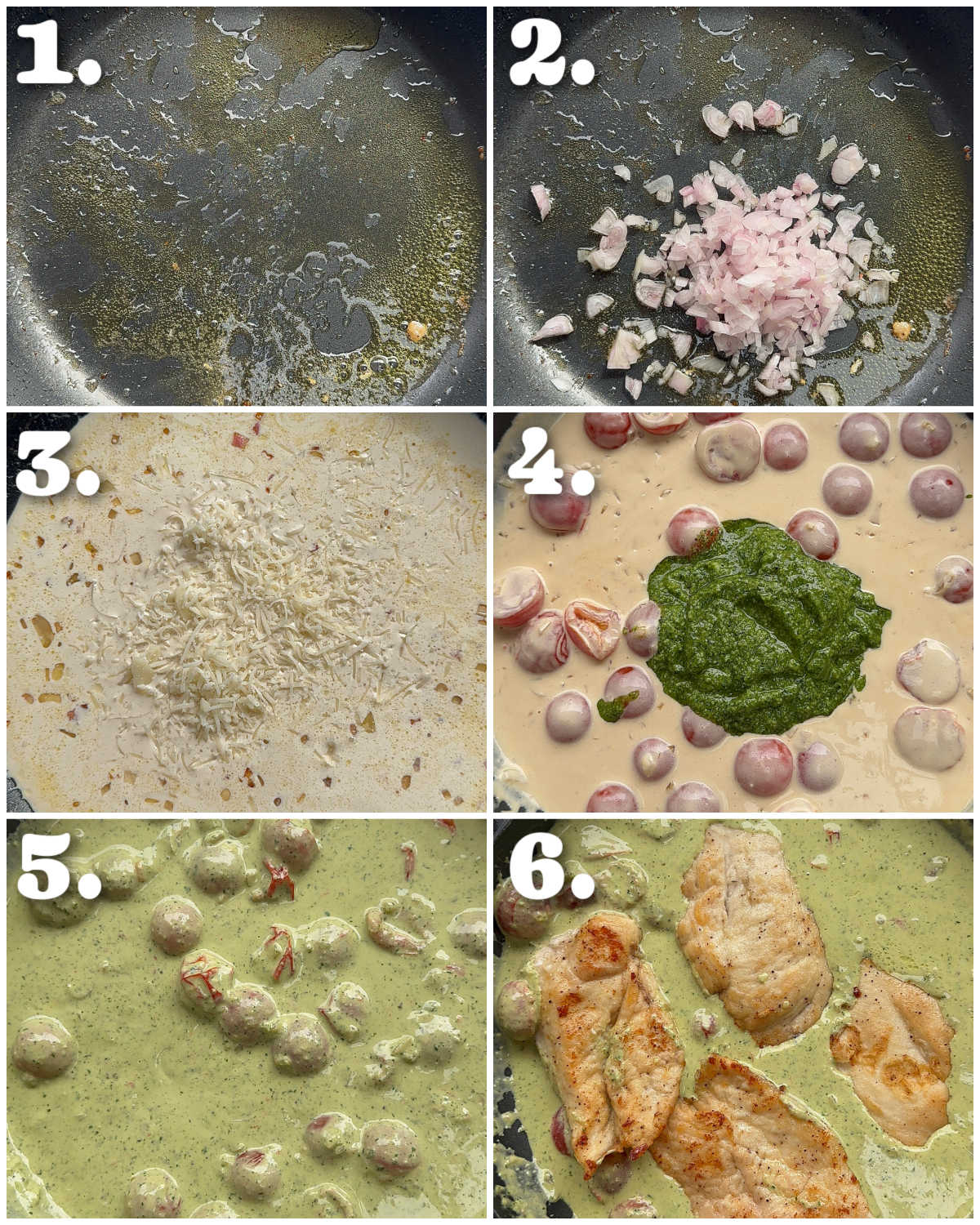 6 step by step photos showing how to make creamy pesto chicken