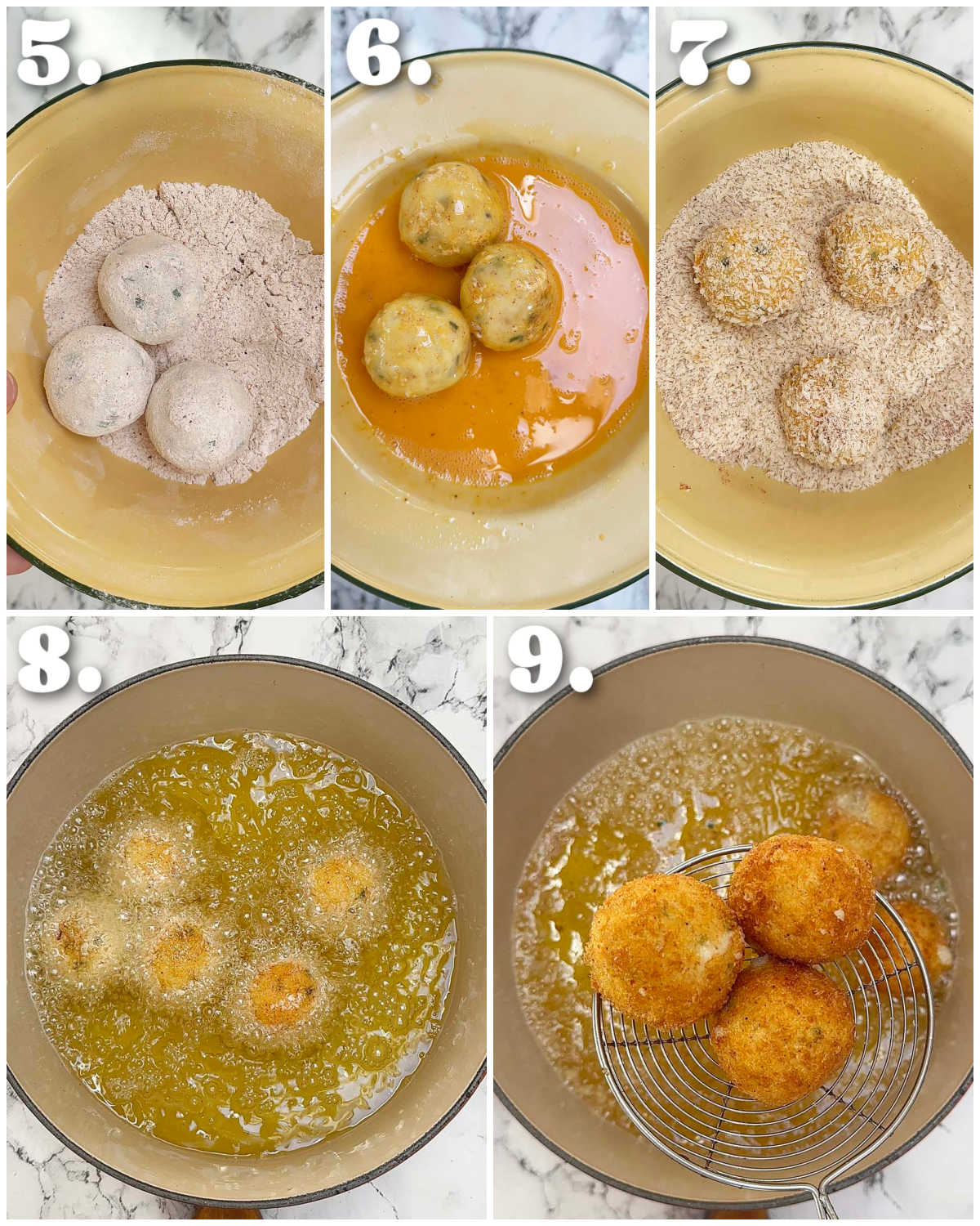 5 step by step photos showing how to cook mashed potato balls