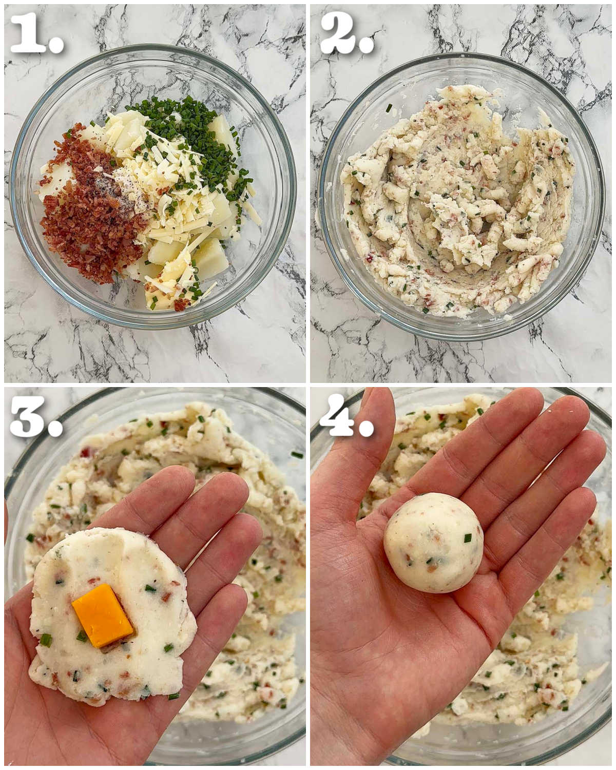 4 step by step photos showing how to make mashed potato balls