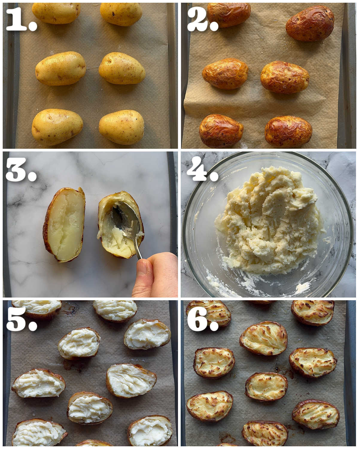 6 step by step photos showing how to make twice baked potatoes