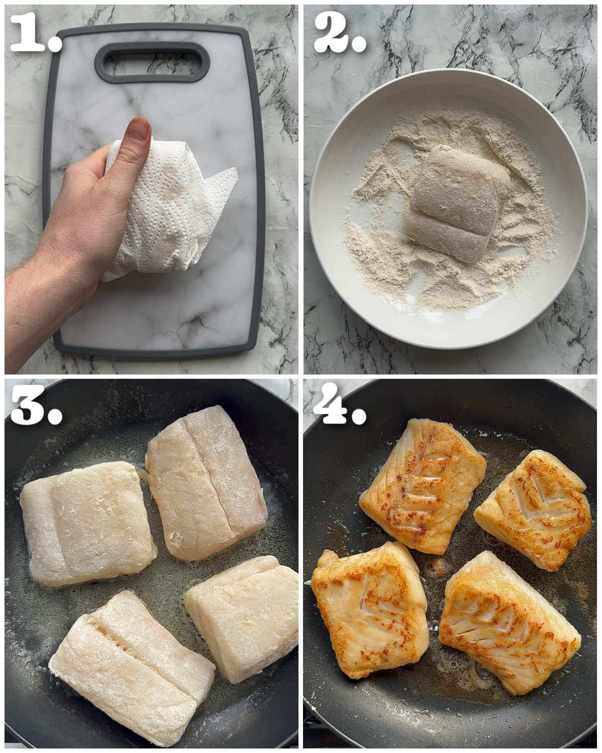 4 step by step photos showing how to prepare cod fillets