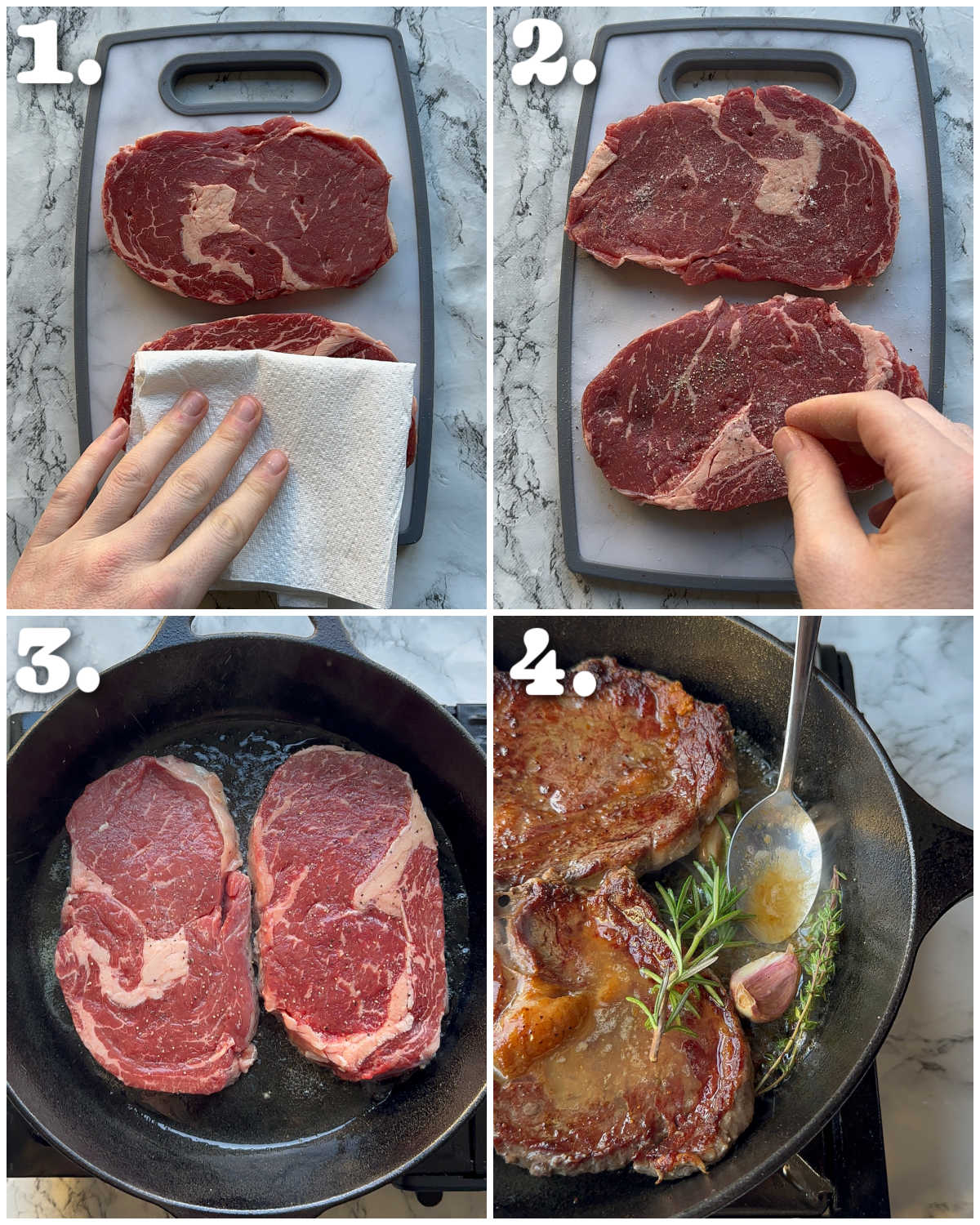 4 step by step photos showing how to fry steak