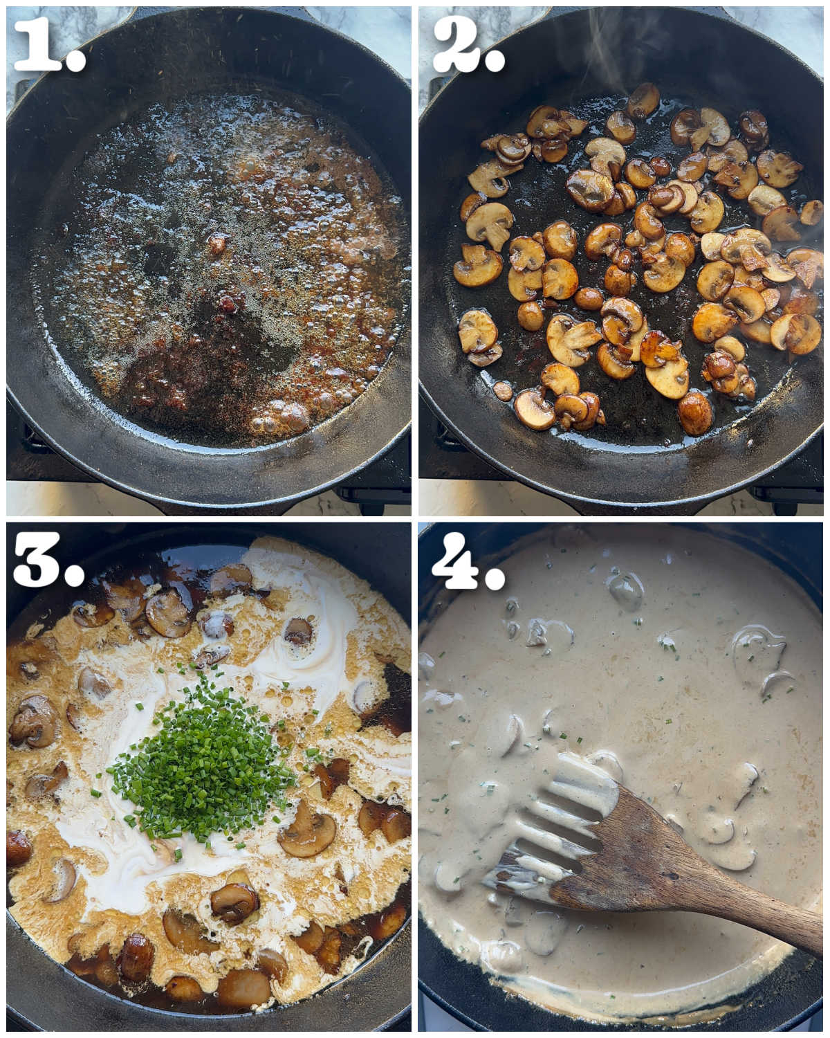 4 step by step photos showing how to creamy mushroom steak sauce